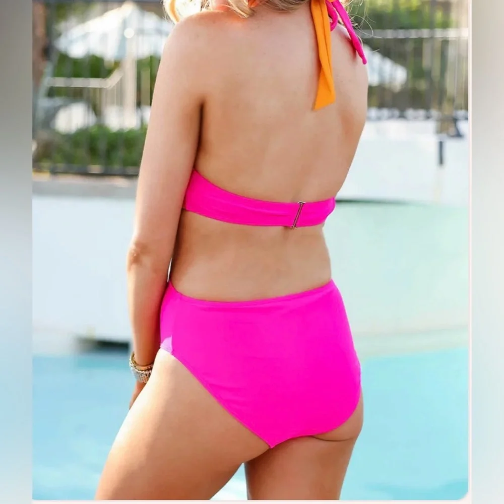 DAVI & DANI Hot Pink and Orange Cutout One-Piece Swimsuit Plus 1XL NWOT - Picture 2 of 7